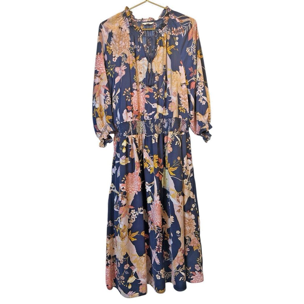 Slate Blue Floral Smocked Midi Dress Elastic Waist Boho Plus Size 0X 14W Spring - Picture 2 of 12